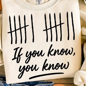 May include: Cream-colored sweatshirt with black tally marks and the phrase "If you know, you know" in a script font. The sweatshirt is folded, with a pair of blue jeans and a pair of sandals visible in the image.