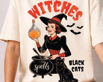 Hechizos de bruja vintage con gato negro para Halloween PNG (Descarga digital)