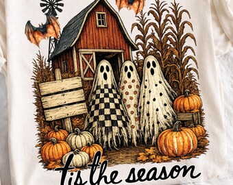Trío de fantasmas de Halloween en una granja (PNG), diseño de huerto de calabazas (descarga digital)