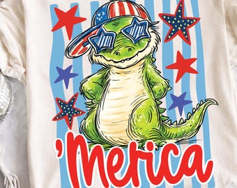 Caimán patriótico PNG, diseño divertido de camiseta 'Merica', estrellas de la bandera de EE. UU. (descarga digital)