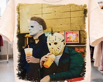 Personajes de películas de terror: Coffee Run PNG, diseño retro de Halloween para sublimación (descarga digital)