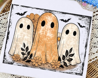 Trío de fantasmas florales PNG, diseño de camiseta vintage de Halloween, flores espeluznantes (descarga digital)