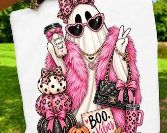Roze preppy spook Halloween PNG, ontwerp voor koffieliefhebbers, griezelig seizoen (digitale download)
