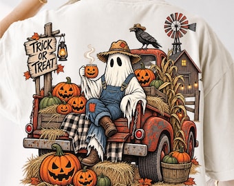 Halloween-spook PNG, vintage vrachtwagen, pompoenveld/boerderijafbeelding (digitale download)