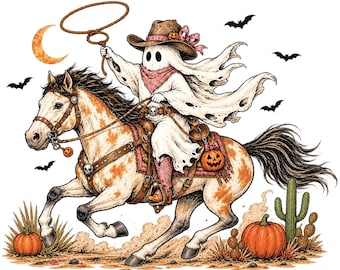 Spookachtige cowgirl te paard Halloween PNG, griezelig western pompoenontwerp (digitale download)