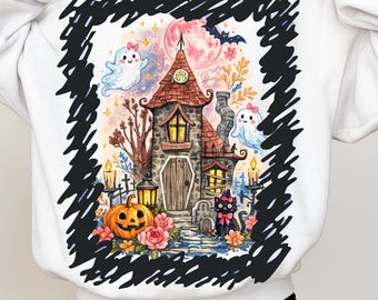 Casa embrujada de Halloween en acuarela PNG, fantasmas, gato negro, diseño floral otoñal (descarga digital)