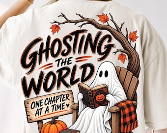 Retro Halloween spook dat leest PNG, boekachtig herfstontwerp (digitale download)