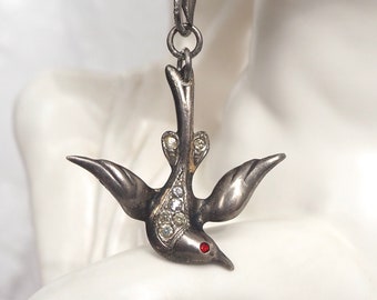 Sterling Silver Bird Necklace- Silver Garnet- Antique Vintage Assemblage Collage Jewelry- Cuff Links, Flowers, Rhinestones- Swallow Tail