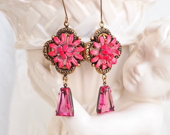 Vintage Pink Enamel Flower Glass Earrings- Life Like Mum - German Glass Drop- Victorian- Antiqued Brass-Assemblage Jewelry- One of a Kind
