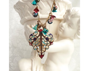 Vintage Enamel Cloisonne Statement Necklace- Victorian Buckle- Casablanca One of a Kind- Ornate- Multi-Color- Art Nouveau Geometric