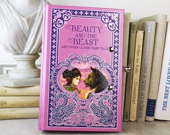 Book Purse Clutch- Beauty and the Beast- Leather Bound Book and Vintage Purse Insert- Pink, purple, Silver- Convertible Handle- Ande purse