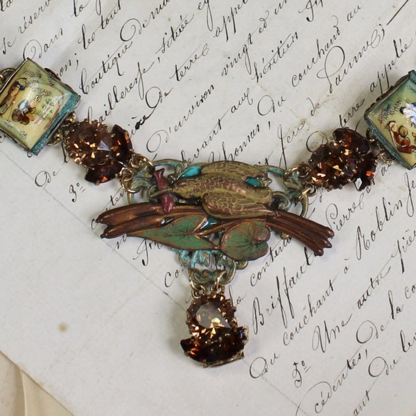 En Plein Air- Antique Assemblage Necklace- Handpainted Asian panel links- Topaz, Brown Rhinestone Links- Handpainted Bird Centerpiece