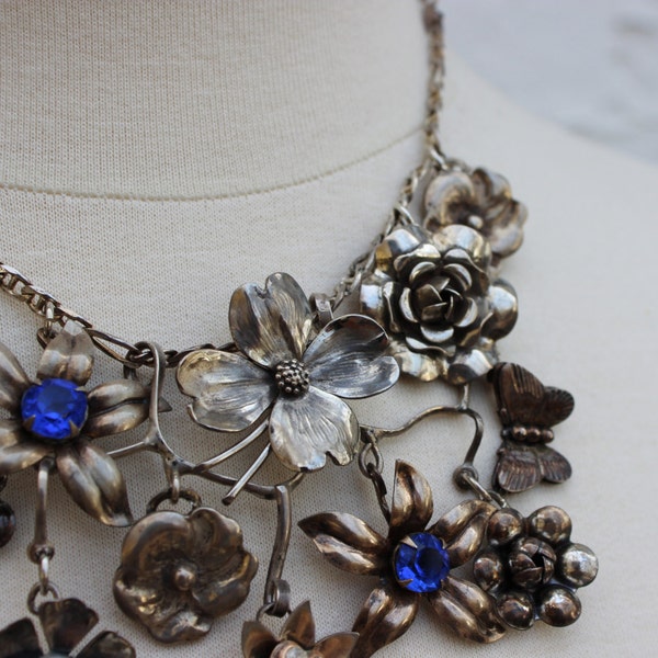 My English Garden- Sterling and Fine Silver Statement Necklace- Vintage and Antique Flowers- Handwrought Silver- One of a Kind