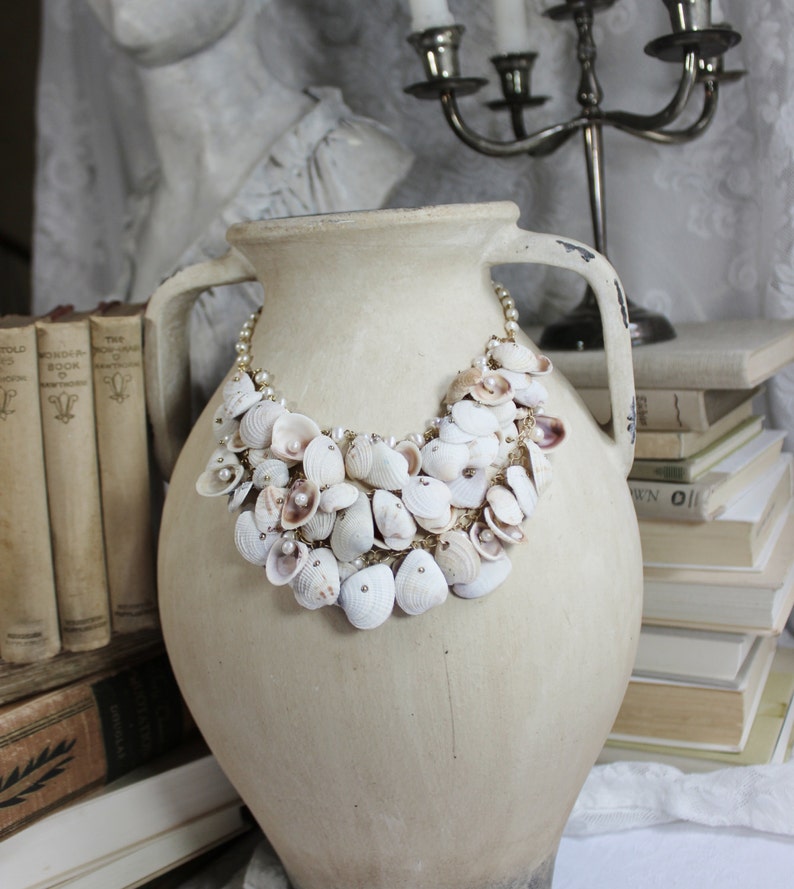 Bridal Beach Wedding Sea Shell and Genuine Pearl Gold Plated Statement Necklace Swept Away One of a Kind