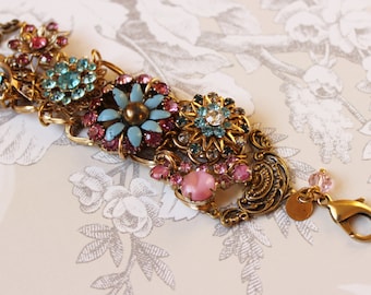 A Full Life- Vintage Collage Bracelet- Aqua Blue and Pink Rhinestone and Enamel, Antique Gold