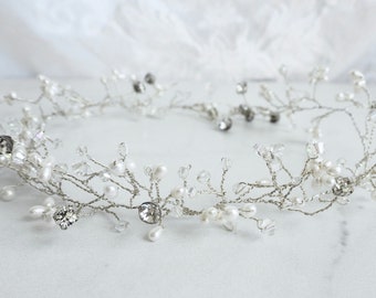 Bridal Hair Vine Piece- Silver Ivory Rhinestone-  Genuine Pearls, Vintage Rhinestone Buttons, Swarovski Crystals- 16 inches- Hand Made Boho