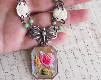 Vintage Pink Rose Intaglio Necklace- Reverse Painted Goofus Glass- Sterling Silver Butterfly- Pink Green- Jade- Assemblage Collage Jewelry