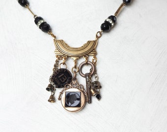 Vintage Assemblage Charm Necklace -Lucky Number 13- Repurposed- Carved Onyx Intaglio Watch Fob & Key, Black, Gold, Tiny Bells- One of a Kind