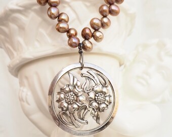 Vintage Sterling Silver & Freshwater Pearls- Floral Medallion, Sunflowers, Cocoa Bronze, upcycled recycled repurposed vintage, One-of-a-Kind