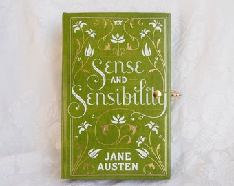 Book Purse Clutch- Sense and Sensibility by Jane Austen- Apple Green- Leatherbound with Vintage Purse- Convertible Handle- Small Size-Wallet