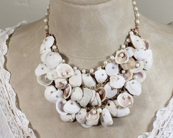 Swept Away- Sea Shell and Genuine Pearl Gold Plated Statement Necklace - Bridal Beach Wedding- One of a Kind