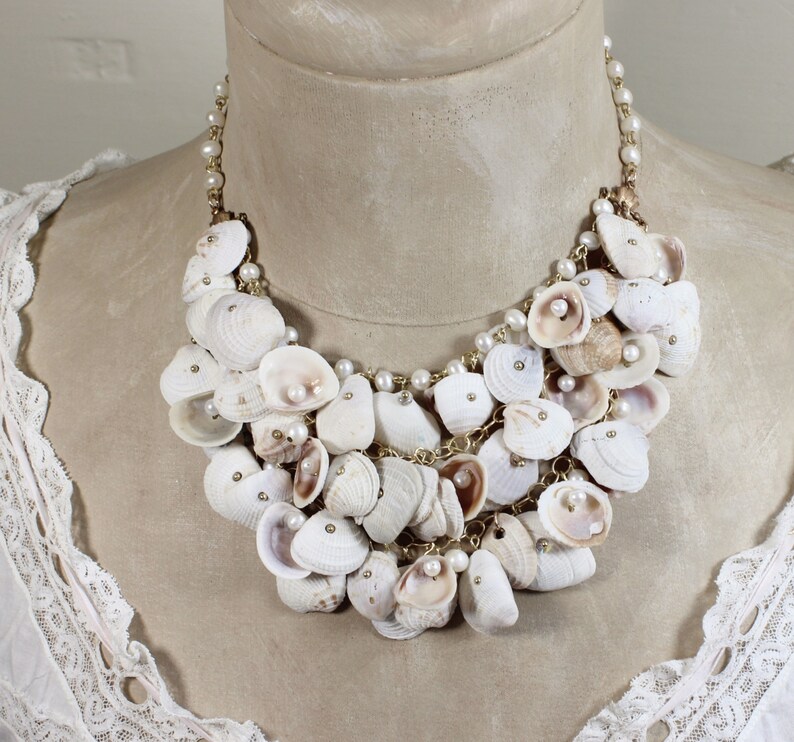 Bridal Beach Wedding Sea Shell and Genuine Pearl Gold Plated Statement Necklace Swept Away One of a Kind