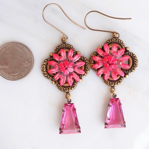 Vintage Pink Enamel Flower Glass Earrings Life Like Mum German Glass Drop Victorian Antiqued Brass-Assemblage Jewelry One of a Kind image 6