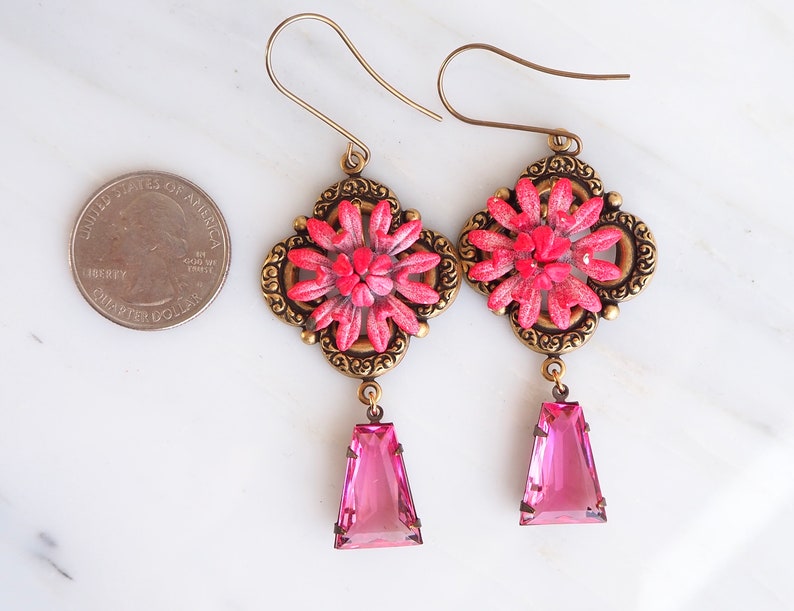 Vintage Pink Enamel Flower Glass Earrings Life Like Mum German Glass Drop Victorian Antiqued Brass-Assemblage Jewelry One of a Kind image 6