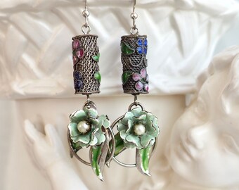 Mint Green Enamel, Cloisonne, Sterling Silver-Mint to Be- Upcycled Vintage Collage Earrings-  One of a Kind by Karen Graham