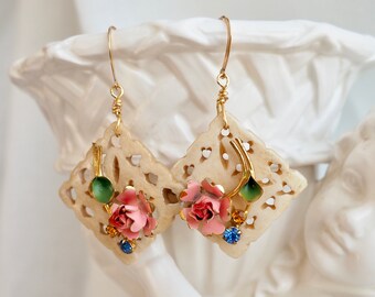 Austrian Enamel Rose and Hand Carved Bone-Boho Chic- Antique  Gold Filled Wires- Coral Pink- Vintage Assemblage-
