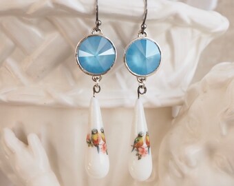 Vintage Bluebird Porcelain Drop Earrings- Sterling Silver, Swarovski Crystal, Blue White Hand - Assemblage- Filigree- Antique- Handmade