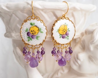 Amethyst and Vintage Guilloche Enamel Pansy Earrings- Purple Lavender Yellow Gold- Violet Drop Chandelier- Assemblage Jewelry- One of a Kind