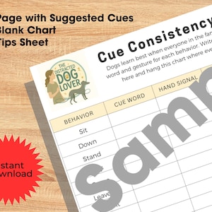 Puede incluir: Un gráfico imprimible de entrenamiento canino con el texto "Cue Consistency Chart" y el logotipo "The Distracted Dog Lover". El gráfico incluye secciones para palabras clave, señales manuales y comportamientos caninos como "Sit" y "Down". Un gráfico de estrella roja dice "Descarga instantánea".