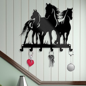 Running Horses Metal Key Holder – Western Rustic Ranch Decor, Matte Black Steel Hanger