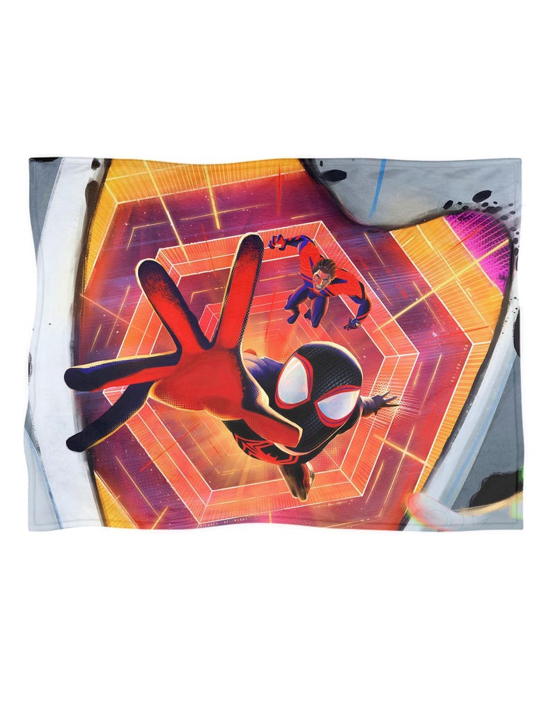 May include: A blanket featuring a dynamic illustration of Spider-Man in a red and black suit, with a second character in a red and blue suit. The background showcases a geometric, orange and purple tunnel design.
