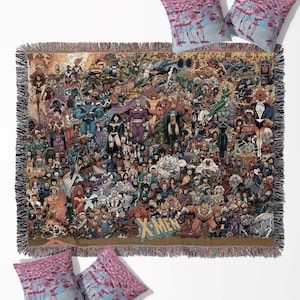 May include: A woven throw blanket featuring a collage of X-Men comic book characters, with a fringed edge. Accompanying the blanket are four square throw pillows with a flamingo design in shades of pink and blue.