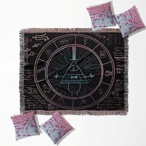 Könnte beinhalten: Eine schwarze Decke und vier Kissen. Die Decke zeigt ein kreisförmiges Design mit einem dreieckigen Auge in der Mitte, umgeben von Symbolen und Text. Die Kissen haben ein rosa-blaues Flamingomuster.