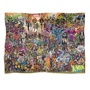 May include: A colorful Marvel Comics blanket featuring a collage of X-Men characters. The blanket displays the Marvel logo and the X-Men logo. The artwork includes various superheroes in action poses, with a variety of colors and designs.