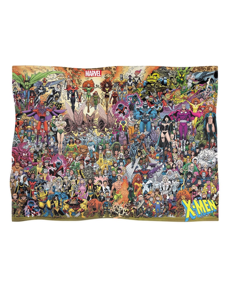 May include: A colorful Marvel Comics blanket featuring a collage of X-Men characters. The blanket displays the Marvel logo and the X-Men logo. The artwork includes various superheroes in action poses, with a variety of colors and designs.