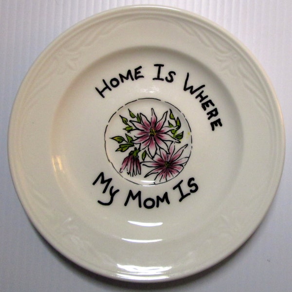 Home Is Where My Mom Is Mothers Day Gift Plate Hand Painted Floral Purple Ready To Ship