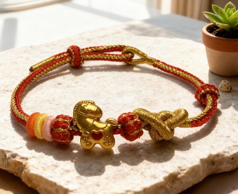 May include: A gold and red braided bracelet with a gold horse charm. The bracelet features a series of colourful beads and intricate knots. The bracelet is displayed on a textured surface.