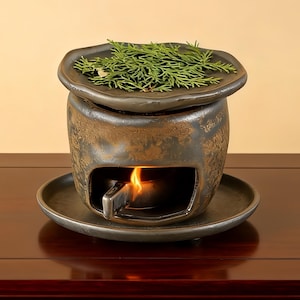 Op de afbeelding: Een donkere keramische oliebrander met een kleine vlam zichtbaar aan de binnenkant. De brander heeft een deksel met groene takjes bovenop en staat op een bijpassende schotel. De buitenkant heeft een textuur, gevlekt uiterlijk.