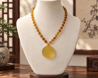 Citrine Heart Sutra Pendant Necklace, Engraved Buddhist Meditation Jewelry, Adjustable Cord, Spiritual Gift