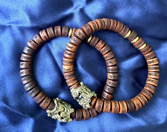 Taoist Talisman Jujube Wood Bracelet, Copper Pixiu and Bagua Crystal Bead