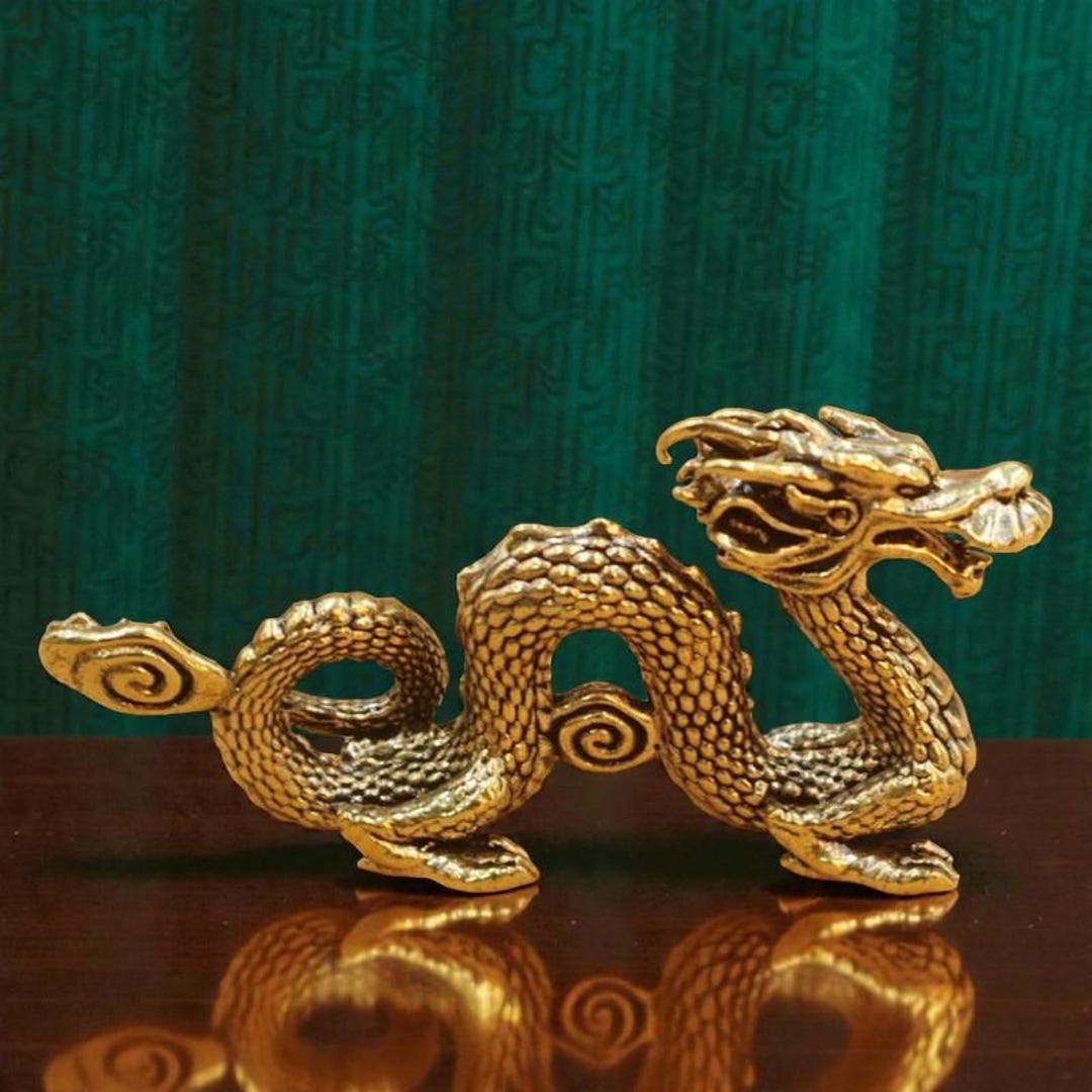 Mini Brass Dragon Figurine Solid Metal Decorative Statue Vintage Patina ...