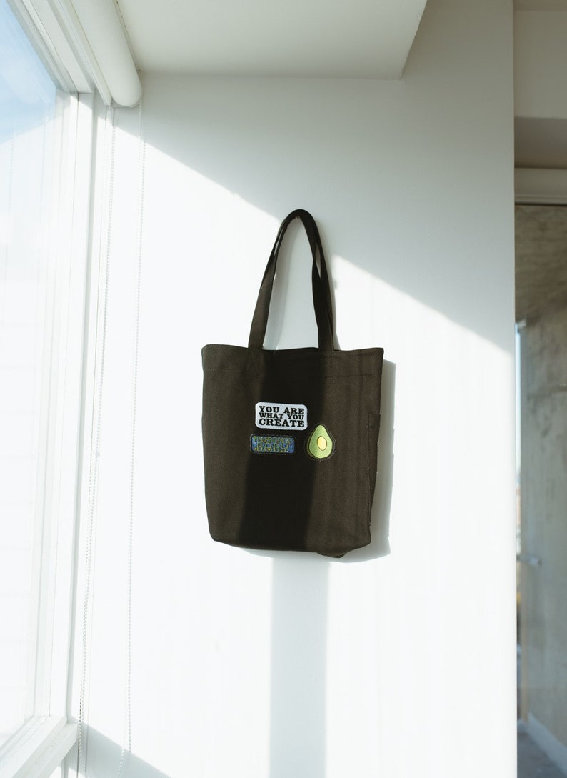 Heavyweight Black Cotton Canvas Carry All Tote Bag You Are What You Create Freerange Baby Re-usable Grocery Bag Avocado Embroidery