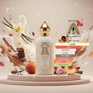 Peut inclure: Un flacon de parfum blanc avec des détails dorés, intitulé "CRYSTAL LOVE for her" par Attar Collection. L'image présente de la vanille, du chocolat et des fruits, suggérant un parfum doux et épicé. Le flacon est sur une plateforme ronde.