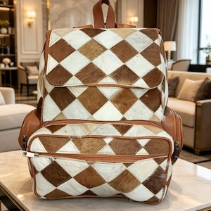 Cowhide Leather Backpack Handmade | Hair-On Leather Travel Bag | Patchwork Cowhide Backpack | Rustic Laptop Backpack | Unisex Leather Bag