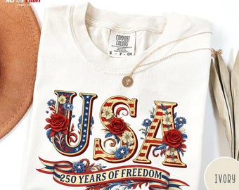 Comfort Colors Floral USA 250 Tee, Vintage 4th of July Shirt TAH-0225