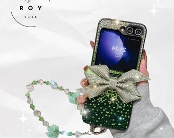 Funda de lujo con lazo de purpurina y perlas para Samsung Galaxy Z Flip 7, 6, 5, 4 y 3, con correa de cadena y flores de diamante.